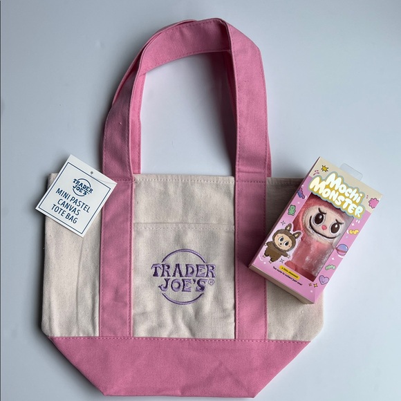 Handbags - Trader Joe's Pink & Cream Mini Canvas Tote with Mochi Minster Keychain Bundle
